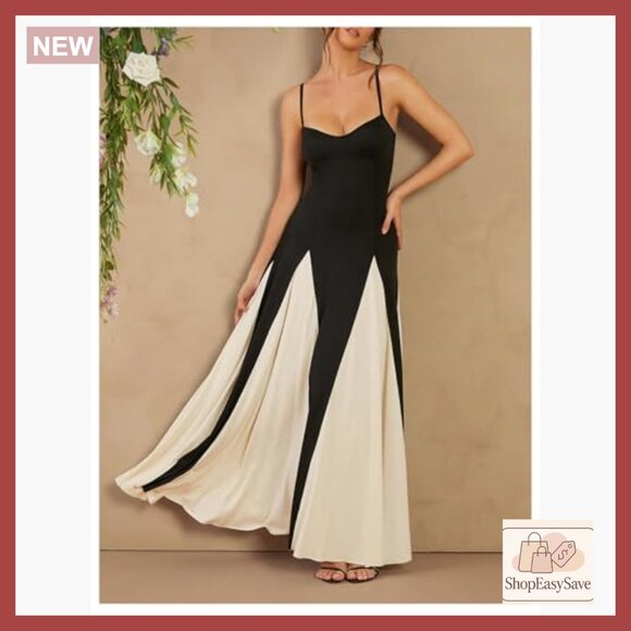 Elegant Spaghetti Strap Maxi Dress Flowy Formal Party Wear Chic Minimal - Picture 4 of 5